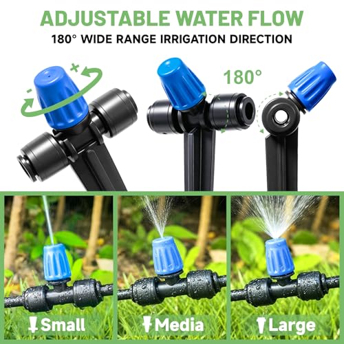 Riboud 110FT Drip Irrigation Kit, Quick-Connect Garden Watering System with 20 Adjustable Misting Nozzles for Garden Greenhouse, Hanging Plants, Raised Beds - size: 110FT