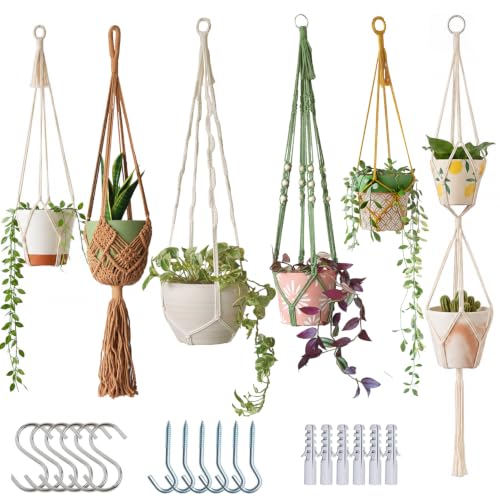 Bouqlife 6 Pack Macrame Plant Hangers Set with Hooks Indoor Hanging Planters with Patterns Handmade Cotton Rope Crochet Boho Plant Flower Pot Holders Fits Different Pot Sizes