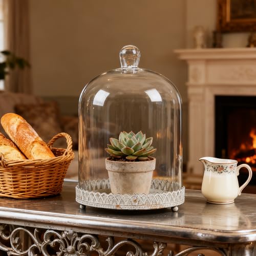 Twakutwku 12" Tall Large Sturdy Handmade Glass Cloche Dome with Metal Base in Shabby White for Plant, Terrarium, Collectibles, Candle. Cloche Glass Dome, Bell Jar Display Case (Shabby White, 12") - color: Shabby White, size: 12"