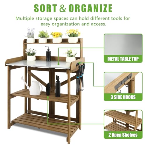 PetsCosset Folding Garden Potting Bench Table,Outdoor Wooden Work Station W/Metal Table Top,2 Tier Open Storage Rack,Top Shelf-Natural Stained