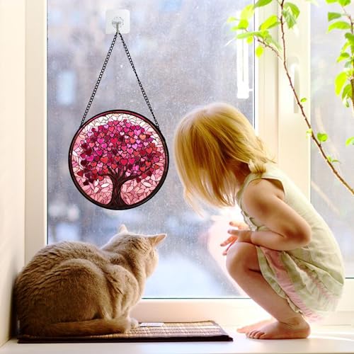 Pink Love Tree Stained Glass Window Hanging Suncatcher Gift for Women 6.3" - color: Green, size: 6.3x6.3 IN