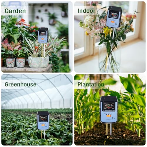ALLOSUN Soil Moisture Meter for Plants, 4 in 1 Soil pH Tester/pH Meter for Water/Light Meter for Plants, Indoor, Garden, Farm, Lawn, No Battery Required