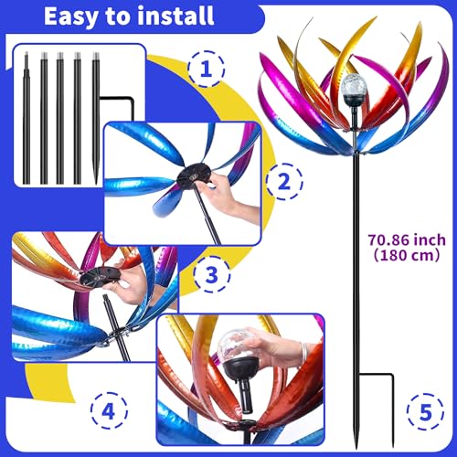 70 in Large Wind Spinners Outdoor, Solar Wind Sculpture, Purple - color: Purple and Blue