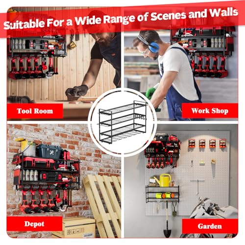 4 Layer Power Tool Organizer - Tool Rack with 7 Drill Holders, Heavy Duty Drill Holder Wall Mounted Rack, Garden Tool Storage, Garage Storage Metal Shelves, for Garage, Home, Workshop