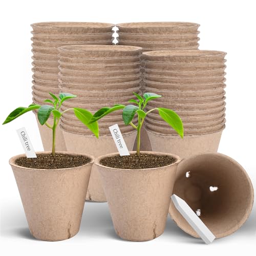 Peat Pots, 60 Pack Plant Starter Round Nursery Pot with Drainage Holes, Garden Germination Seedling Pots with 30 Plant Labels (3.15 Inch) - size: 3.15 Inch