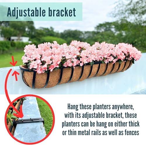 LaLaGreen Deck Railing Planters (48 Inch, 2 Pack) Extra Large Rectangular Railings Flower Box with Coco Liner, Black Metal Bracket Balcony Hanging Planter for Outdoor Plants Over Rail Fence Porch - size: 48" (122cm) x 2 pack