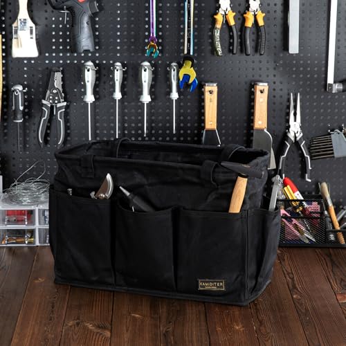 Tool Pouch, Heavy Duty 16oz Waxed Canvas Tool Bag, Rectangle Foldable Open Top Tool Bags with Handles, 10 Pockets | 15.5 x 7.5 x 10.5 Inches - color: Black, size: 15.5 Inch
