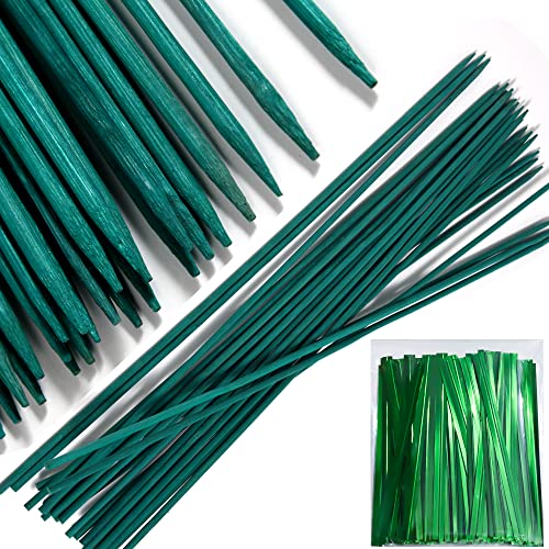 50 PCS 18” Wood Plant Stakes Garden Tomato Sticks Plant Stakes & Supports for Potted Plants, Comes with 100 pcs Green Twist tie