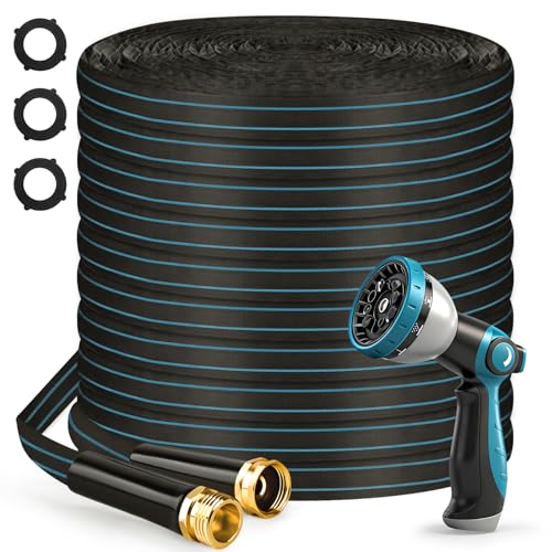 Halfjuly Garden Hose 25FT, Flat Non-Expandable Lightweight Water Hose, Durable Flexible Heavy Duty No Kink Design with 3/4" Fittings, 10 Way Spray Nozzle for Outdoor Yard Lawn - size: 25FT