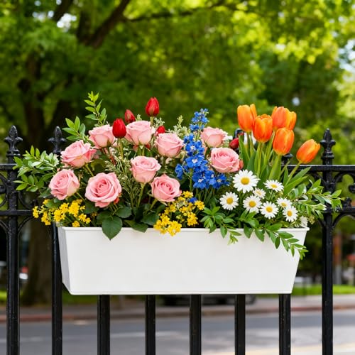 4 PCS Railing Flower Pots, 16 Inch Hanging Planter Box with Detachable Hooks, Balcony Hanging Planters for Deck, Fence, Garden Yard, Home Decor, White