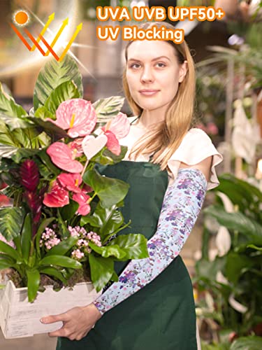 PAMASE Arm Sleeves Gardening Gifts for Women - Outdoor UV Protection Cover for Plant Lover Running Biking Driving - color: Light Blue Flower