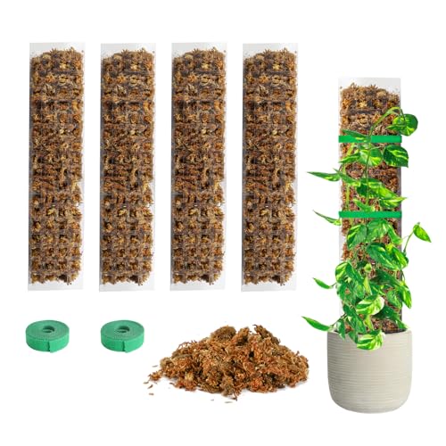 Bonviee 4-Pack 15-Inch Plastic Moss Poles for Monstera & Climbing Plants - Stackable to 60 Inches, Includes Sphagnum Moss & Garden Ties for Indoor Plant Support - size: 4 Packs+Moss