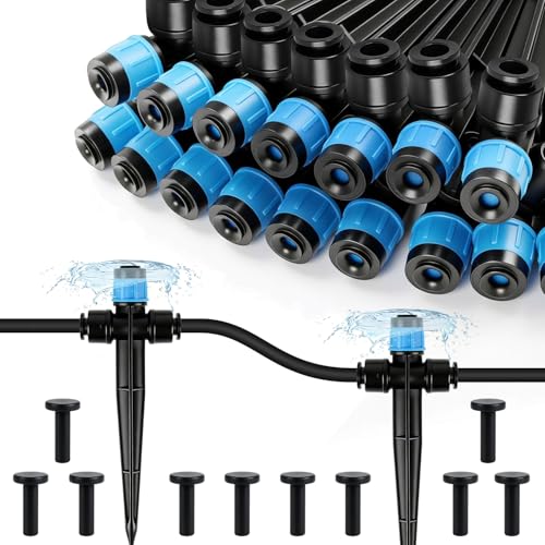 20 Pack Quick Connect 1/4 Inch Drip Irrigation Emitters, 1/4'' Drip in-line Pass Through Vortex Emitters Adjustable 360 Degree Dripline Stake Emitter with 10 Plugs for DIY Sprinkler Systems - color: Blue Vortex Emitter-2Way