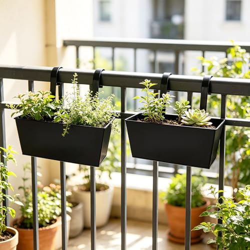 6 Pack 12" Outdoor Metal Balcony Fence Railing Planters, Rectangular Black - color: Rectangular-black