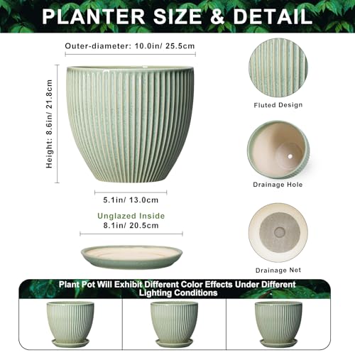Ceramic Flower Pots, 10 Inch Plant Pot with Saucer, Green - color: Green, size: 10 Inch