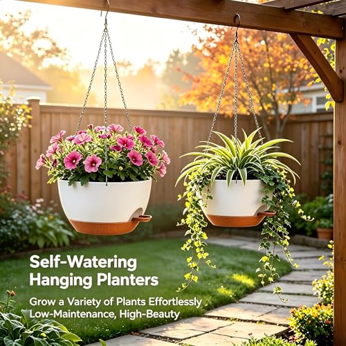 12 Inch Self Watering Hanging Planters 2 Pack, White Brown - color: White Brown