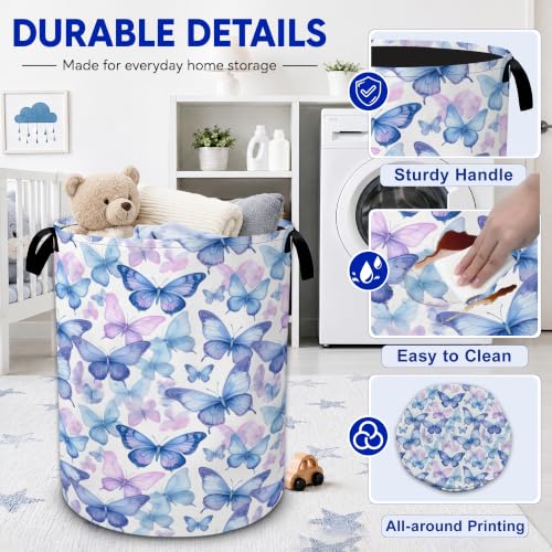Blue Butterfly Laundry Hamper,Collapsible Laundry Baskets, Dirty Clothes Baskets with Handles,Oxford Cloth Hamper for Bedroom,Bathroom,Laundry Room,College Dorms,16"x20" - color: Blue Butterfly