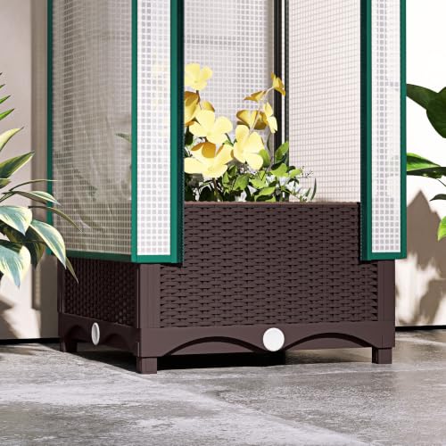 Outsunny Plastic Raised Garden Bed with Trellis 15.7" x 15.7" x 48.8" Brown - size: 15.7" x 15.7" x 48.8"