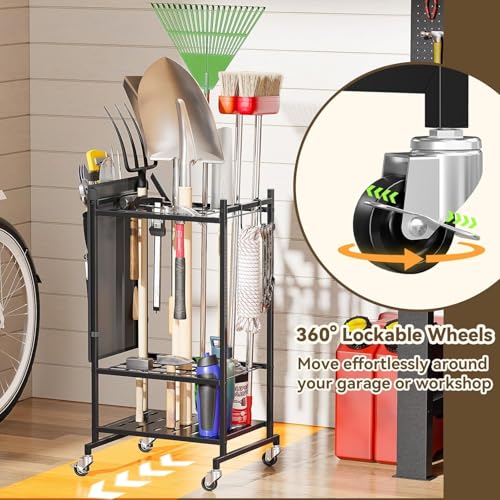 Garden Tool Organizer with Wheels, Rolling Yard Tool Tower Rack Carts for Garage Organization with Large Tool Bags with Pockets, Up to 25 Long-Handled Tools/Rakes/Brooms for Shed, Outdoor, Black