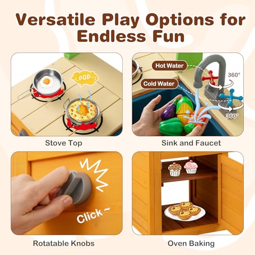 Costzon Mud Kitchen for Kids Outdoor, Wooden Play Kitchen w/Stoves, Removable Sink, Faucet, Oven, Cooking Accessories, Storage Shelves, Montessori Pretend Kitchen Playset for Girls&Boys 3+ Years Old - style: with Storage Shelf