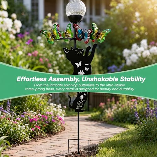 Solar Wind Spinner with Metal Cat and Butterfly Stake - color: Cat