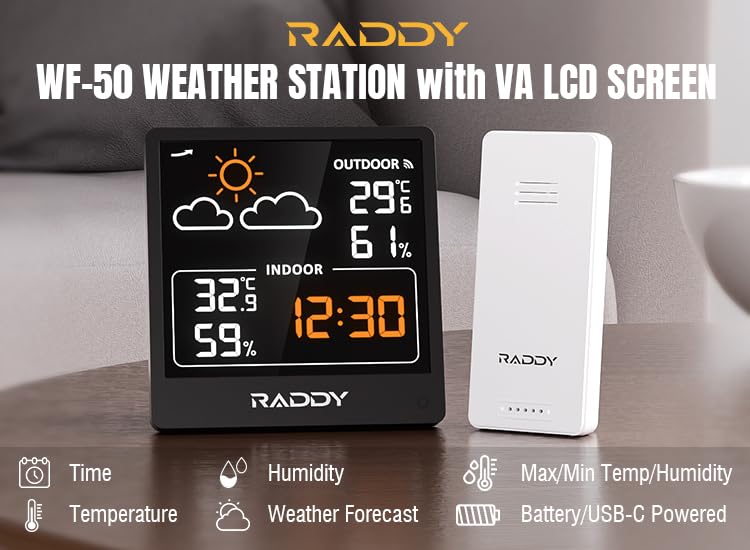 Raddy WF-50V Wireless Weather Station, 5.0 Inch VA Display, Black - color: Black