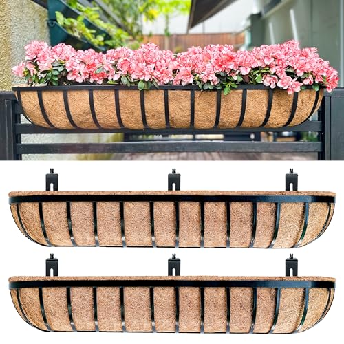 LaLaGreen Deck Railing Planters (48 Inch, 2 Pack) Extra Large Rectangular Railings Flower Box with Coco Liner, Black Metal Bracket Balcony Hanging Planter for Outdoor Plants Over Rail Fence Porch - size: 48" (122cm) x 2 pack