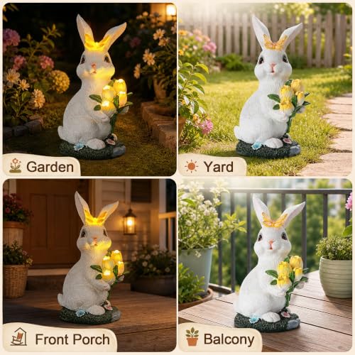 Solar Rabbit Statue Waterproof LED Flower Bouquet Garden Decor - color: White