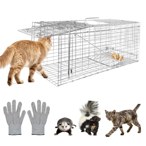 Humane Live Animal Trap Cage 32" × 13" × 11",Heavy-Duty Live Catch Cage for Raccoon, Squirrel, Stray Cats, Groundhogs, Armadillos, Opossums, Rabbits, Skunk, Mole, Small Wildlife Control - size: 32"×13"×11"