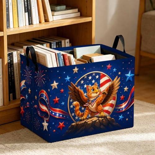 Patriotic Cat Storage Basket with Handles, Eagle Cat Laundry Hamper 56L Large Collapsible Organizer, Laundry Basket for Bathroom/Laundry/Bedroom - color: Patriotic Cat