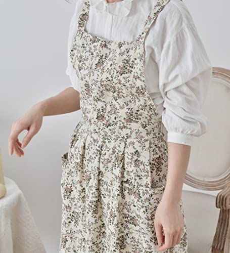 Japanese Cotton Cross Back Pinafore Apron Dress for Women,Pinafore Apron - color: White