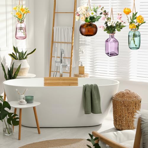 Wonderjune 4 Pcs Stained Glass Hanging Vases Hanging Glass Planters Small Plant Terrarium Pot Containers with Rope for Garden Home Indoor Outdoor Decor, 4 Styles (Fashionable) - style: Fashionable