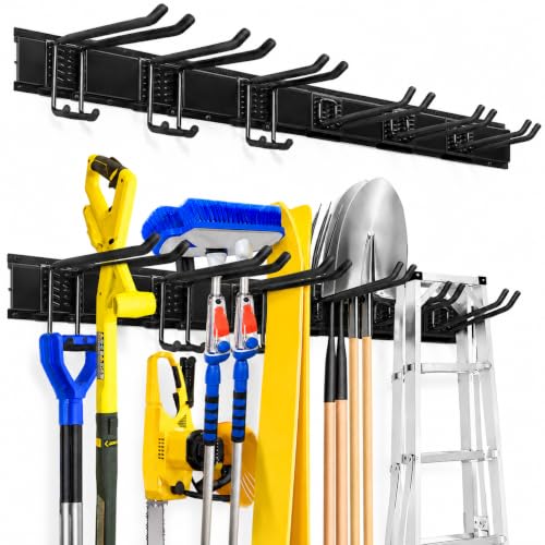 Garage Tool Organizer Wall Mount, Heavy Duty 48 Inch Garage Storage System with Adjustable Hooks, Garden Tool Rack for Shovel Rake Broom Snowboard Shed Organization - size: 48" Alloy Steel