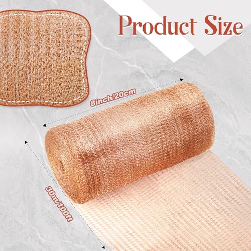 8" x 100 ft Copper Mesh for Rodent Control, Rustproof Copper Wool for Slugs, Bats, Snails, Birds, DIY Hole Filler, Gap Blocker for Gardening and Home Use