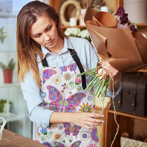Britimes Butterfly Apron Floral Colorful Butterflies Flowers Aprons Kitchen Cooking Gardening for Women With Pockets - color: Cute Aprons 2
