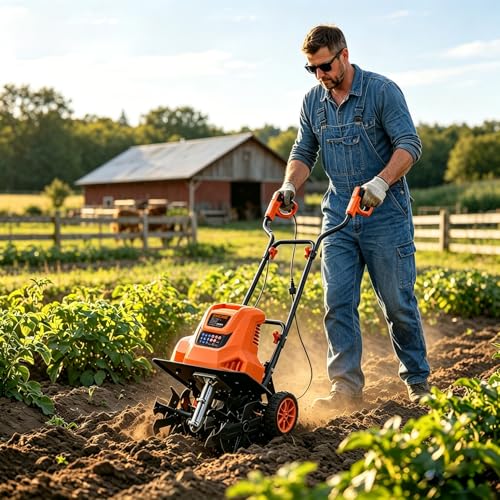 GARCARE 15A Corded Tiller Cultivator – 18" Width, 6 Steel Tines Rototiller