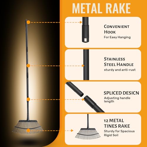 Garden Rake for Leaves, 25 Tines Heavy Duty Metal Yard Rake with 64 inch Adjustable Handle, Ideal Leaf Rakes for Gardening, Dethatching, Thatching, Gathering Shrub, Grass, Debris, Rocks