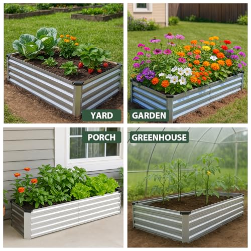 2 Pack 8x4x1FT Galvanized Metal Raised Garden Bed Kit for Vegetables, Herbs, Open-Bottom Large Capacity Outdoor Planter Box Gardening Stakes, Silver - size: 8x4x1FT(2PCS)