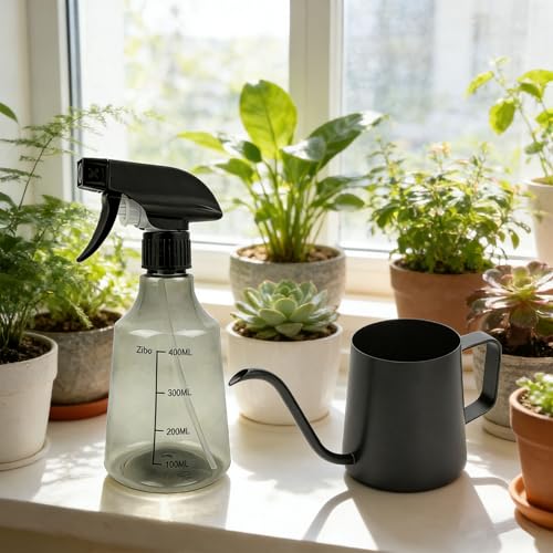 Small Watering Can for Indoor Plants, 12 oz Metal Stainless Steel Plant Watering Pot with Long Spout for House Plants, 17 oz Plastic Plant Mister Spray Bottle for Bonsai Flower Garden