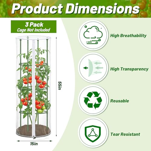 3Pcs 15" x 55" Garden Bird Netting Plant Cover for Round Plant Cage - size: Round Cage CoverS(Cover Only)