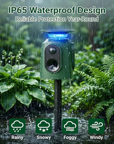 2 Pack 360° Solar Ultrasonic Animal Repeller Outdoor, Deer Repellent Devices with Motion Sensor & Flashing Lights, Waterproof Cat Repellent Outdoor for Yard, Repel Raccoon, Coyote, Skunk & More