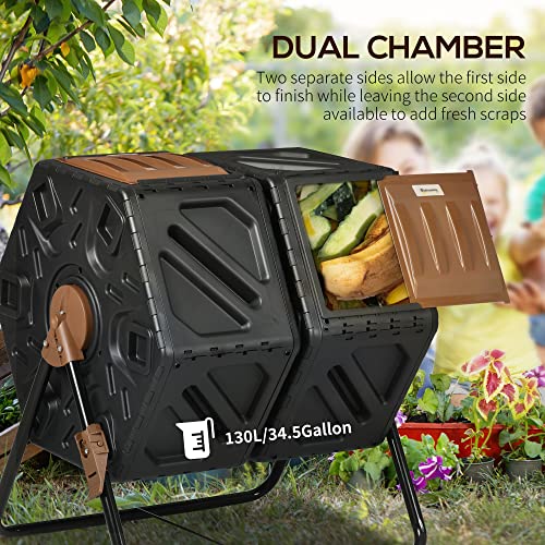 Dual Chamber Compost Tumbler Bin, Outdoor Tumbling Composter with 24 Ventilation Openings and Steel Legs, 34.5 Gallon