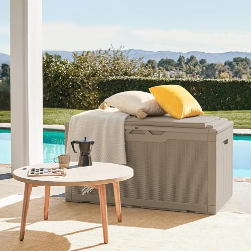 Flamaker Deck Box 98 Gallon Waterproof Resin Storage Box with Cushion - color: Brown, size: 98 Gallon