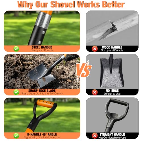41-Inch Round Point Heavy Duty Digging Shovel, Fiberglass Handle with D-Grip & Serrated Alloy Steel Head, Ideal for for Garden, Construction, Masonry, and General Digging in Soil, Dirt & Gravel - size: 41 inch