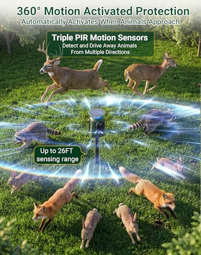 2 Pack 360° Solar Ultrasonic Animal Repeller Outdoor, Deer Repellent Devices with Motion Sensor & Flashing Lights, Waterproof Cat Repellent Outdoor for Yard, Repel Raccoon, Coyote, Skunk & More
