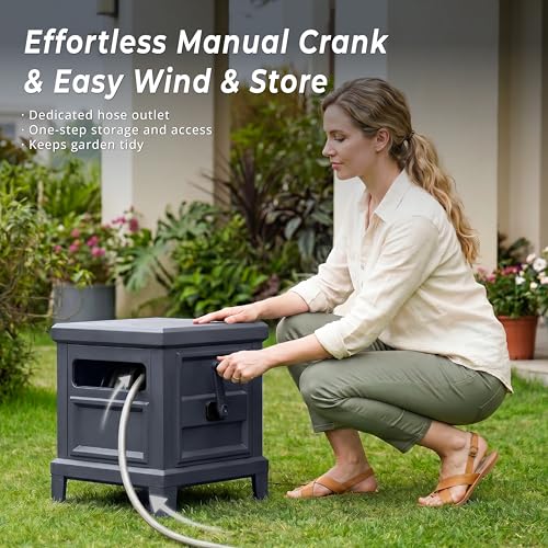 Garden Hose Reel Hideaway, Heavy Duty Metal Hose Reel Box Holds 125FT x 5/8" Hose, Steel Hose Storage Box with Manual Crank, Hose Guide and Leak-Proof Aluminum Connections, Stable 4-Leg Base - color: Dark Gray