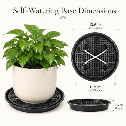 Self Watering Plant Saucers 4 Pack, 13.6 Inch Plastic Plant Saucers with Raised Grid Platforms and 8 Wicking Ropes, for Plant Pots, Fabric Grow Bags, Indoor and Patio Planters, Black