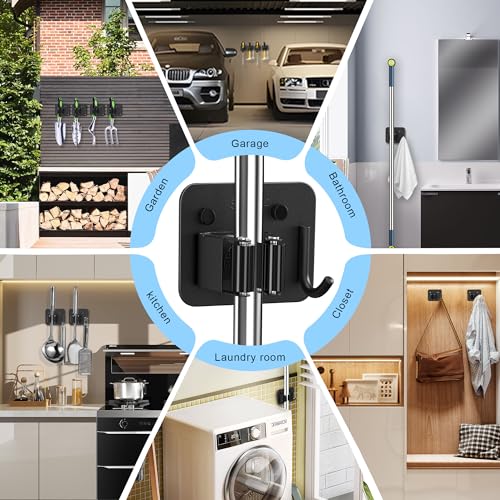 2 Pack Broom Holder Wall Mount, 304 Stainless Steel Mop Organizer with Hook - color: C-Black, size: 2PCS Gripper