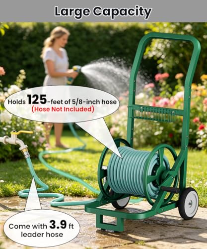 Artigarden Garden Hose Reel Cart with Wheels, Holds 125 ft 5/8" Hose, Green
