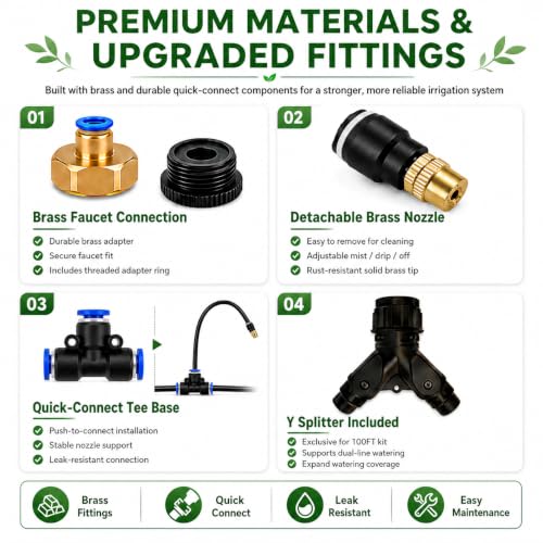 100FT 5/16" Garden Watering Kit with 32 Brass Nozzles & Y Splitter - size: 100FT-32 Nozzles
